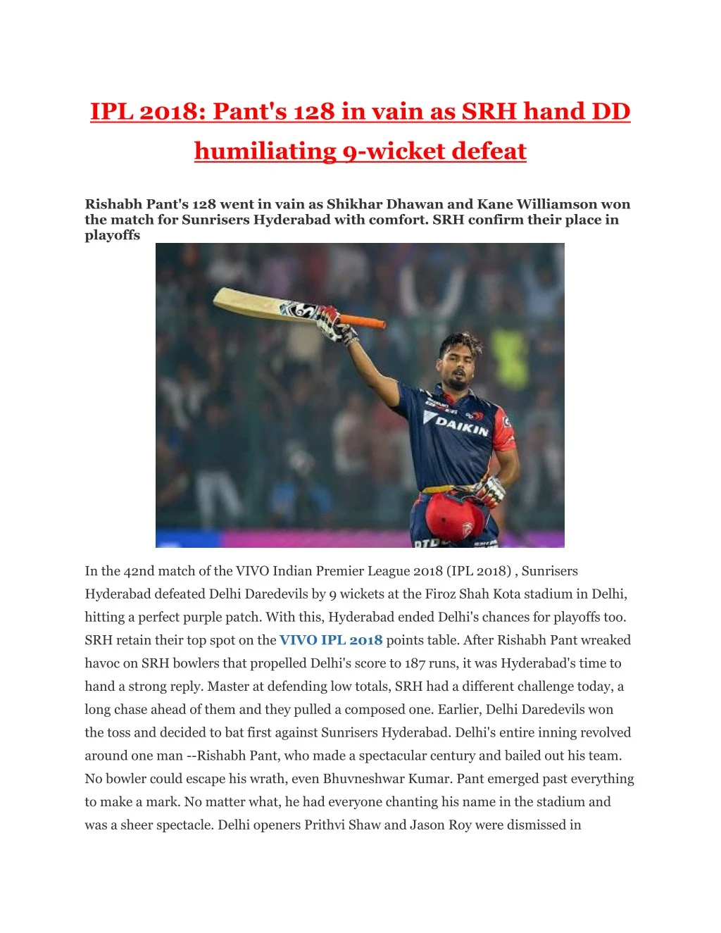 ipl 2018 pant s 128 in vain as srh hand dd