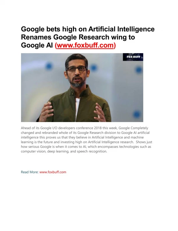 Google bets high on Artificial Intelligence Renames Google Research wing to Google AI