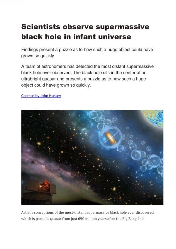 Scientists observe supermassive black hole in infant universe