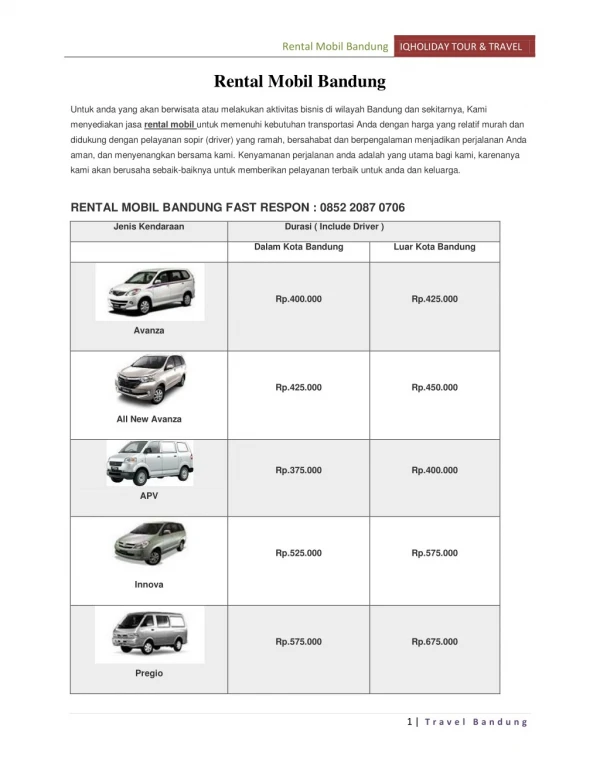 Rental Mobil Bandung & Sewa Bis Pariwisata