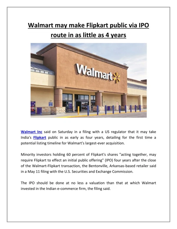 Walmart may make Flipkart public via IPO route in as little as 4 years | Business Standard News