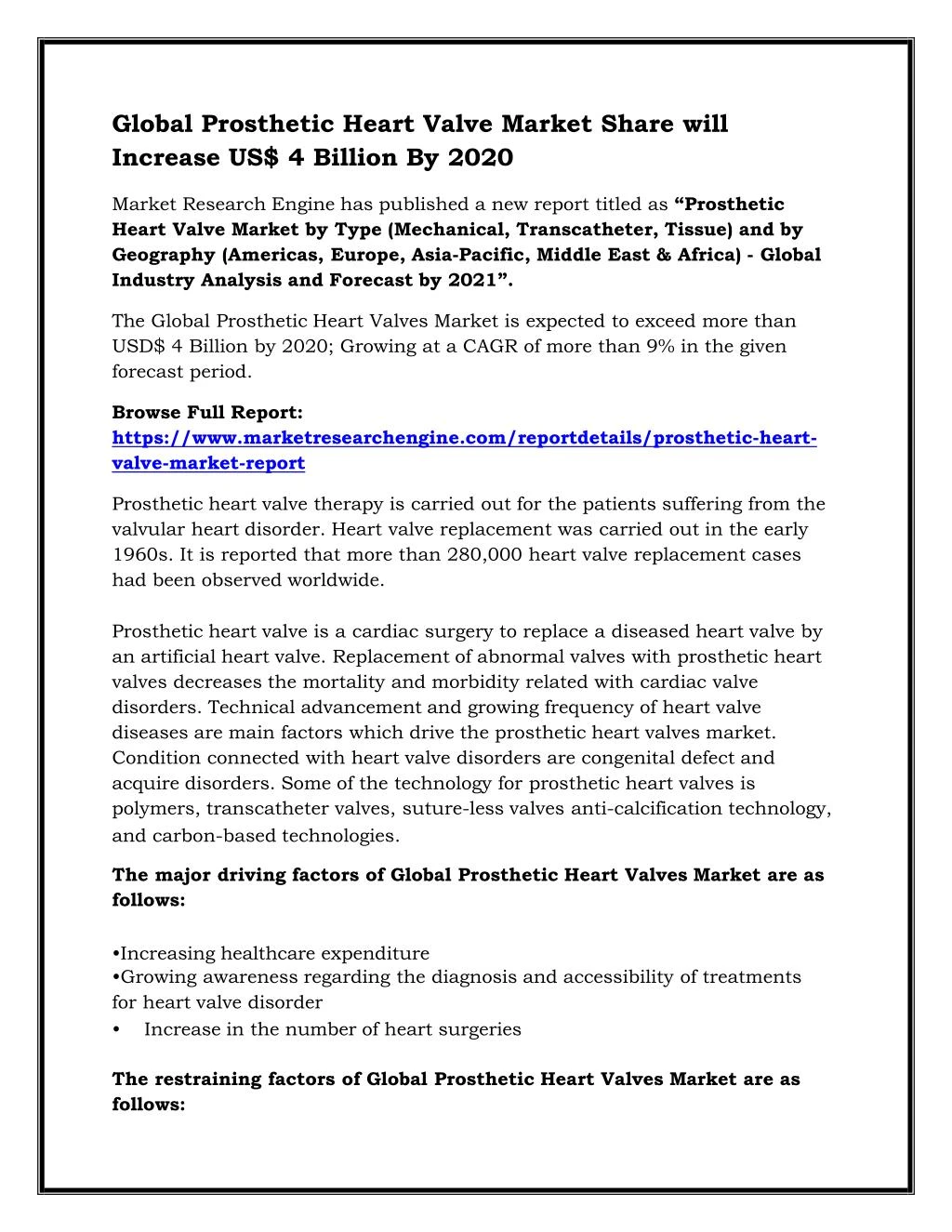 global prosthetic heart valve market share will