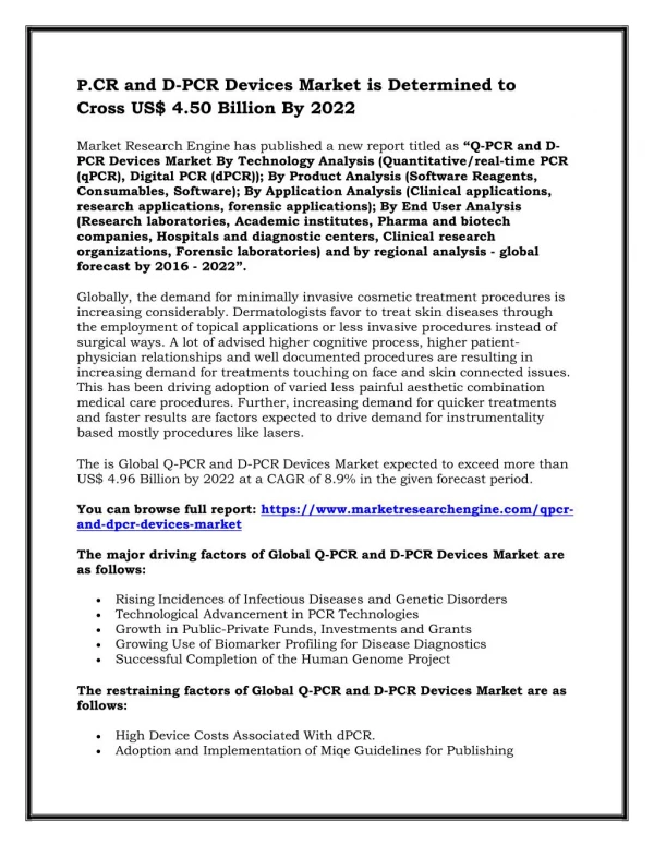 Q-PCR and D-PCR Devices Market is Determined to Cross US$ 4.50 Billion By 2022