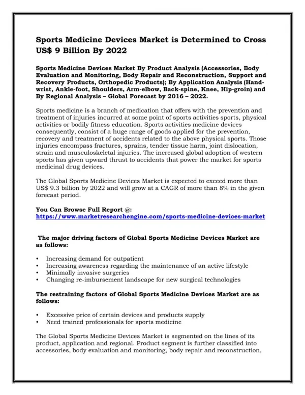 Sports Medicine Devices Market is Determined to Cross US$ 9 Billion By 2022