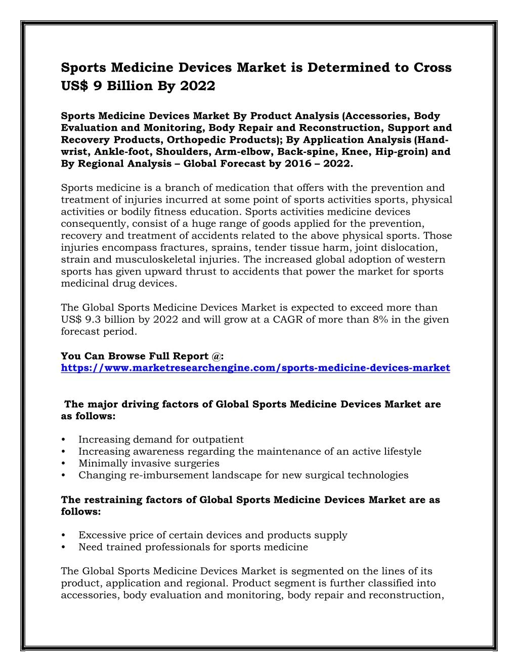 sports medicine devices market is determined