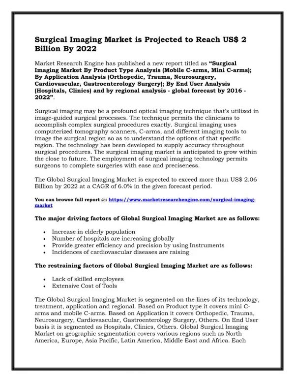Surgical Imaging Market is Projected to Reach US$ 2 Billion By 2022