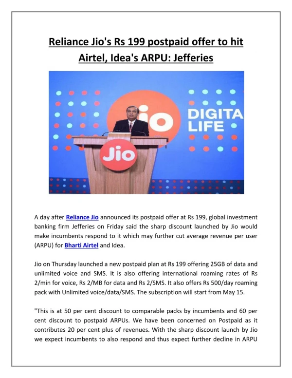 Reliance Jio's Rs 199 postpaid offer to hit Airtel, Idea's ARPU: Jefferies | Business Standard News