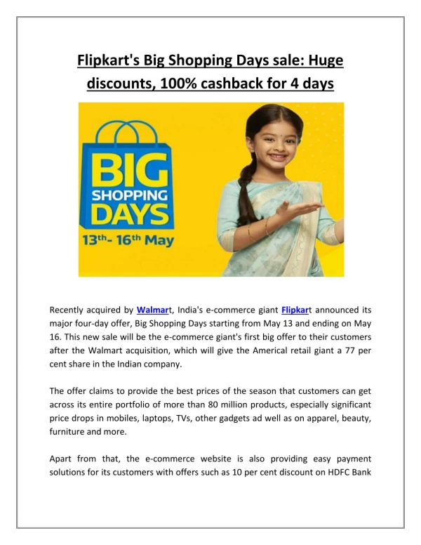 Flipkart's Big Shopping Days Sale Huge Discounts, 100% Cashback for 4 Days
