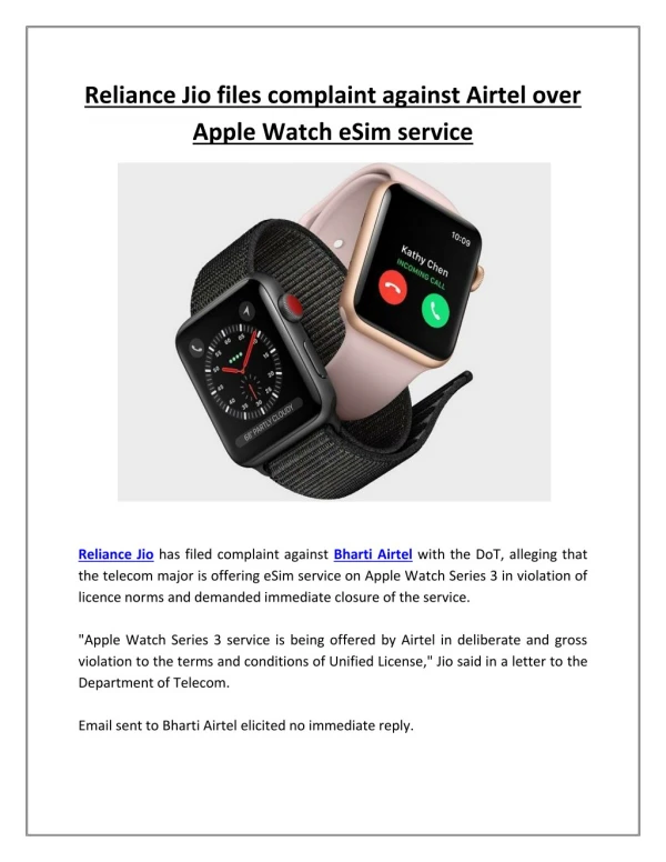 Reliance Jio Files Complaint Against Airtel Over Apple Watch ESim Service