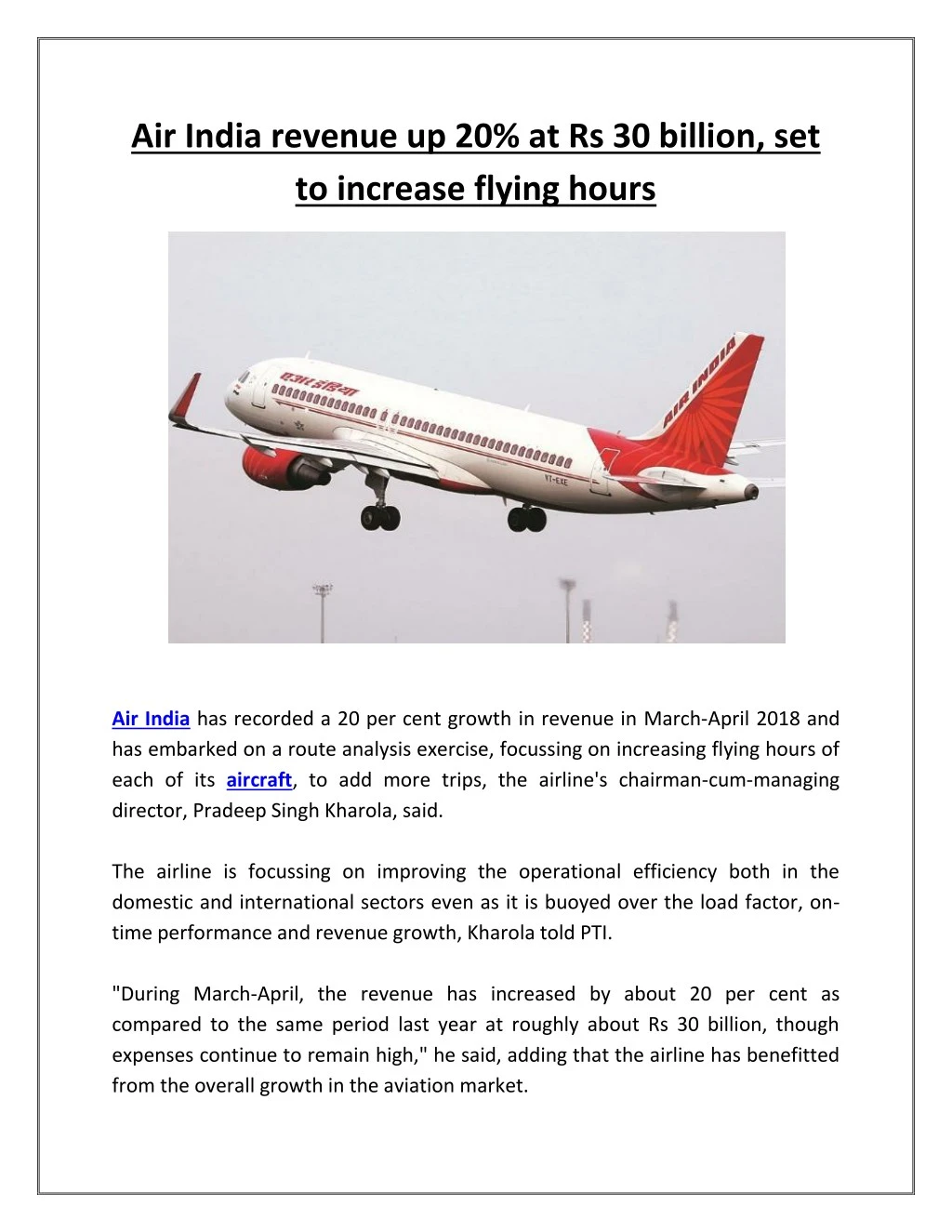 air india revenue up 20 at rs 30 billion