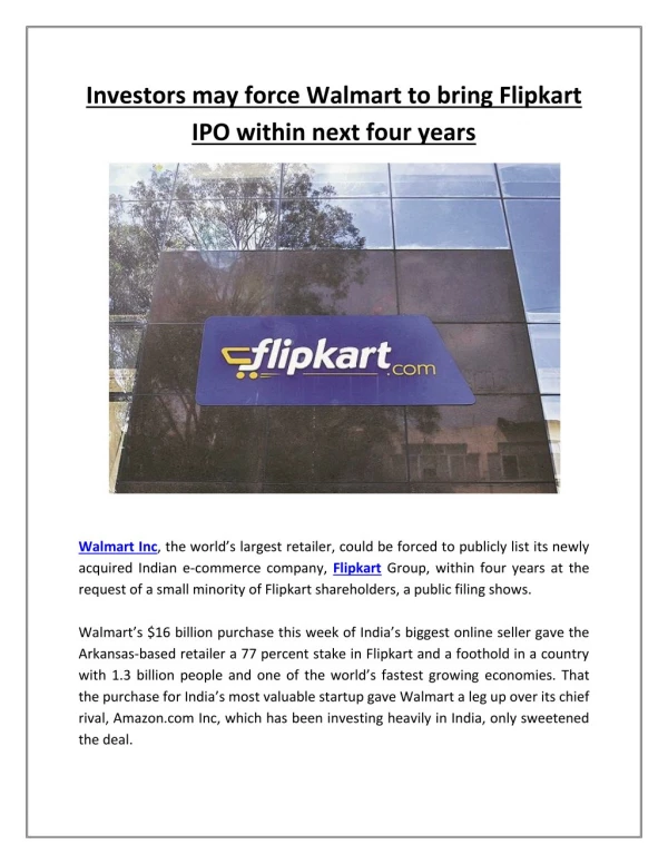 Investors may force Walmart to bring Flipkart IPO within next four years | Business Standard News