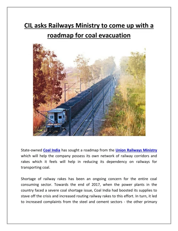 CIL asks Railways Ministry to come up with a roadmap for coal evacuation | Business Standard News