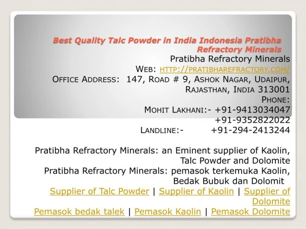 Best Quality Talc Powder in India Indonesia Pratibha Refractory Minerals