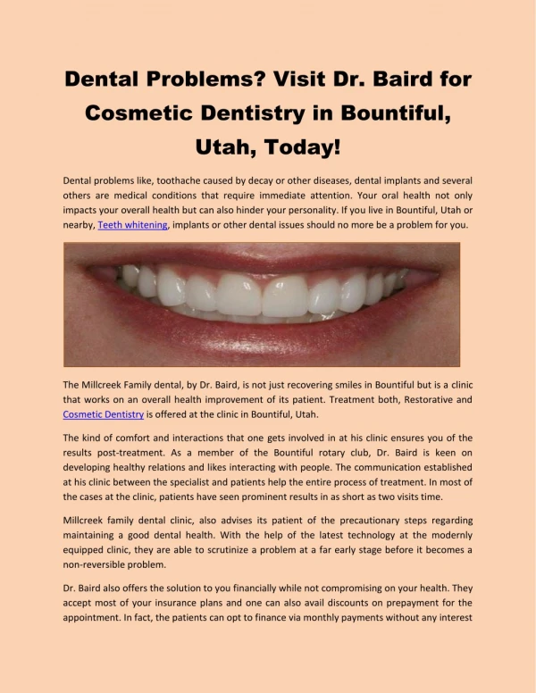 Dental Problems? Visit Dr. Baird for Cosmetic Dentistry in Bountiful, Utah, Today!