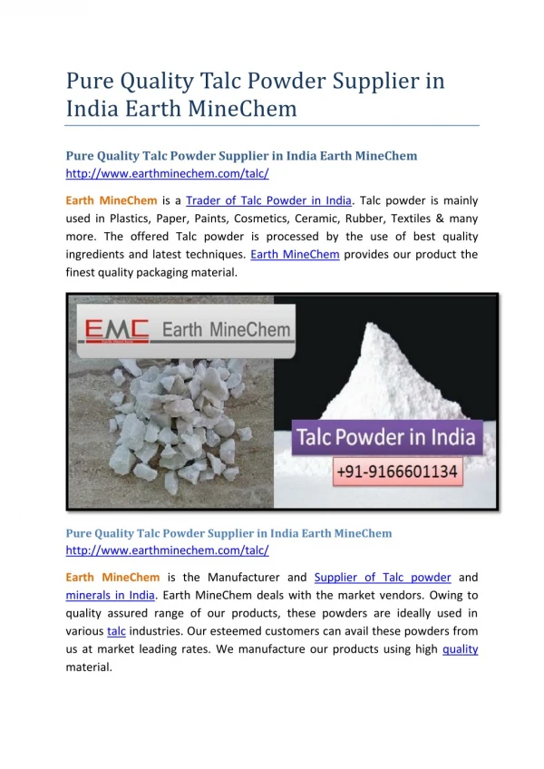 Pure Quality Talc Powder Supplier in India Earth MineChem