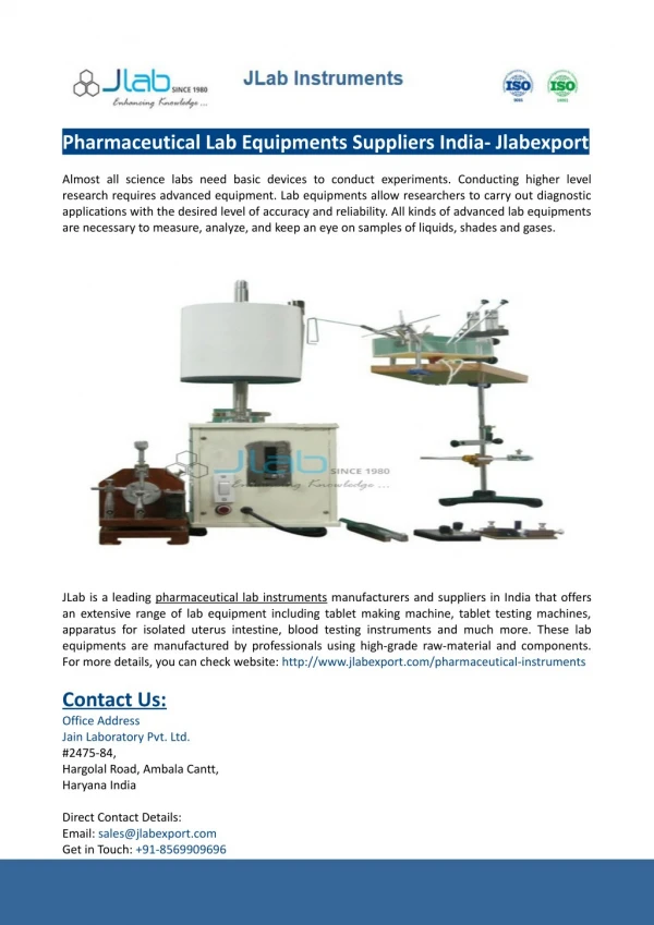 Pharmaceutical Lab Equipments Suppliers India- Jlabexport