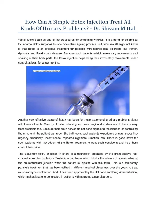 How Can A Simple Botox Injection Treat All Kinds Of Urinary Problems? - Dr. Shivam Mittal