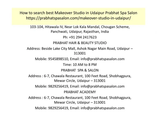 How to search best Makeover Studio in Udaipur Prabhat Spa Salon