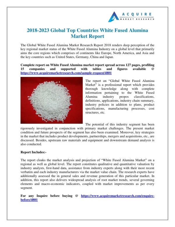 White Fused Alumina Market Size, Share, Growth, Trends and Forecast, 2018-2025 Acquire Market Research