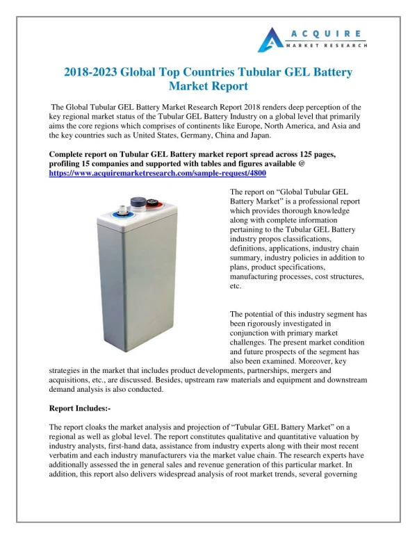 Tubular GEL Battery Industry: 2018Global Market Trends, Share, Size and 2025 Forecasts Report