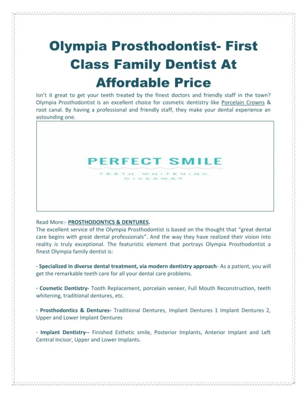 Olympia Prosthodontist- First Class Family Cosmetic Dentist at Affordable Price