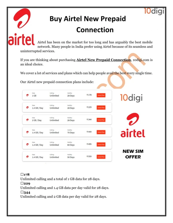 Buy Airtel New Prepaid Connection with 10digi