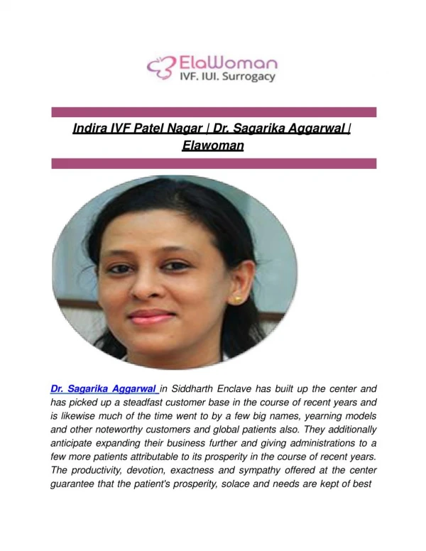 Indira IVF Patel Nagar | Dr. Sagarika Aggarwal | Elawoman