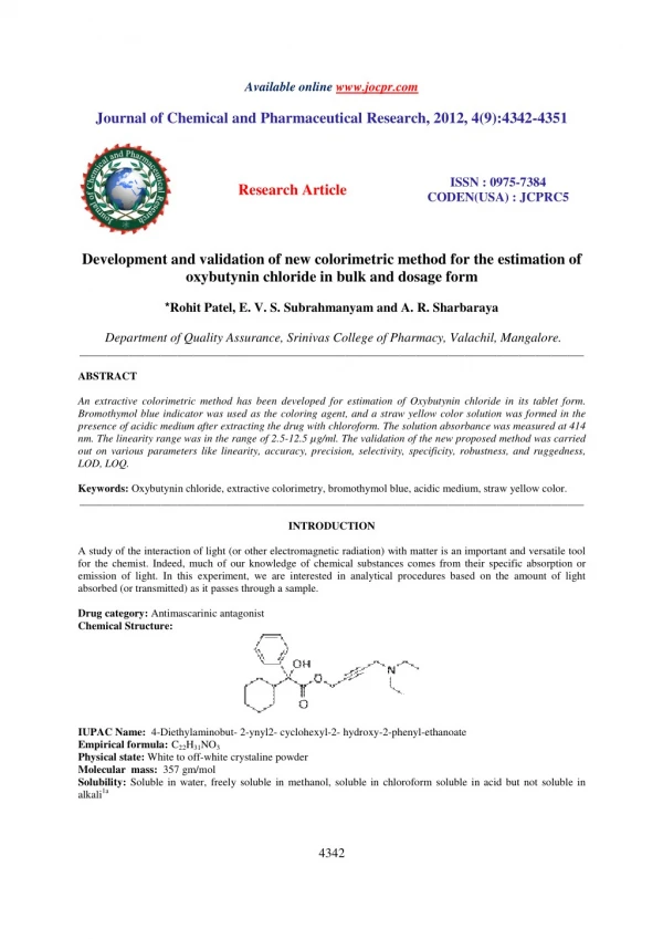 Development and validation of new colorimetric method for the estimation of oxybutynin chloride in bulk and dosage form