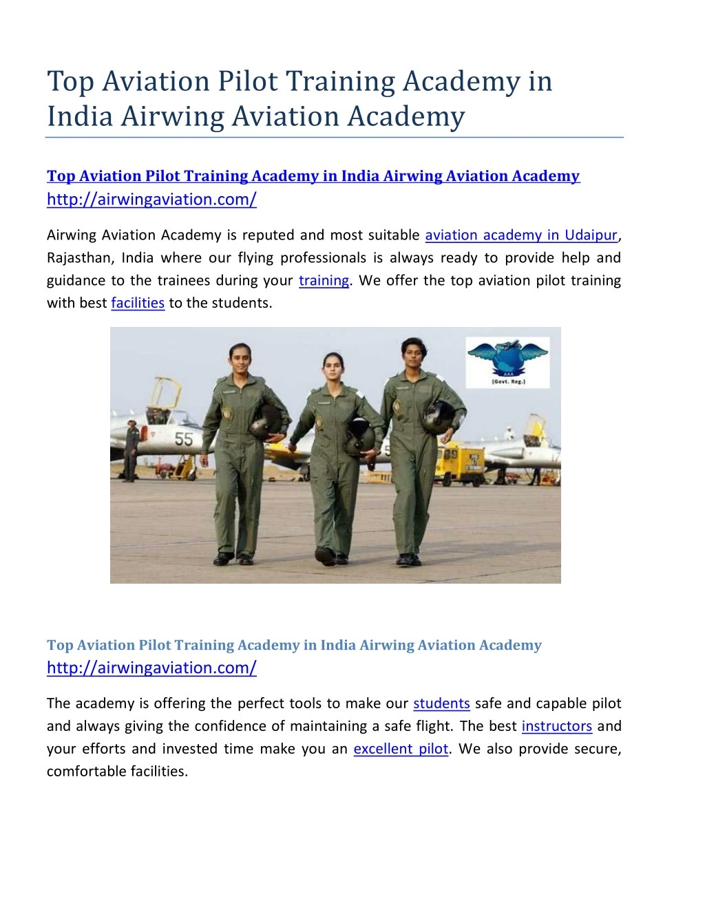top aviation pilot training academy in india