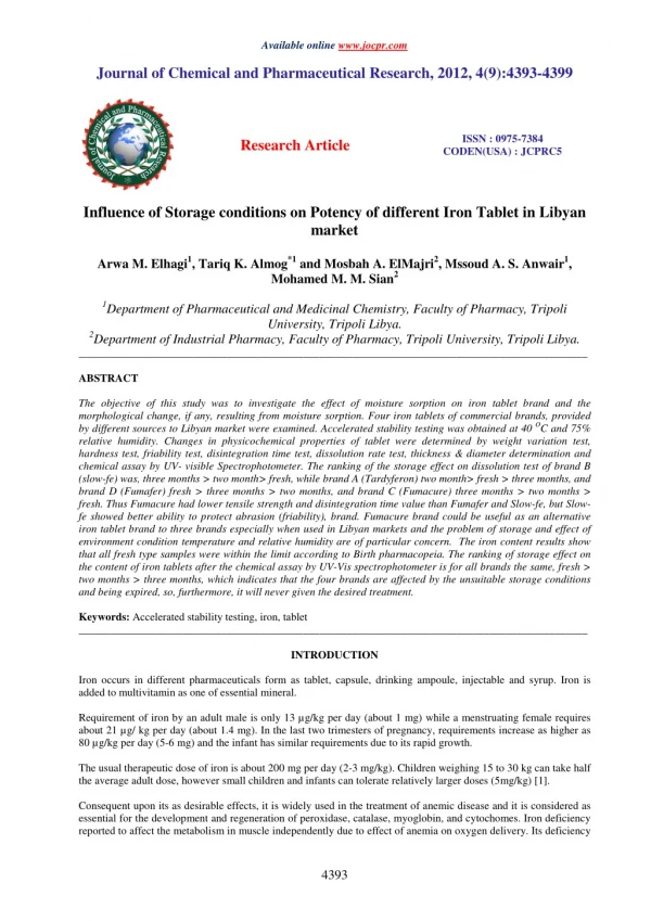 Influence of Storage conditions on Potency of different Iron Tablet in Libyan market