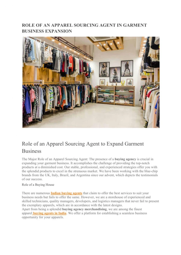 ROLE OF AN APPAREL SOURCING AGENT IN GARMENT BUSINESS EXPANSION