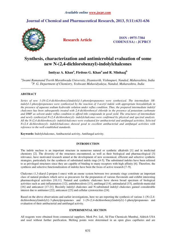 Synthesis, characterization and antimicrobial evaluation of some new N-(2,4-dichlorobenzyl)-indolylchalcones