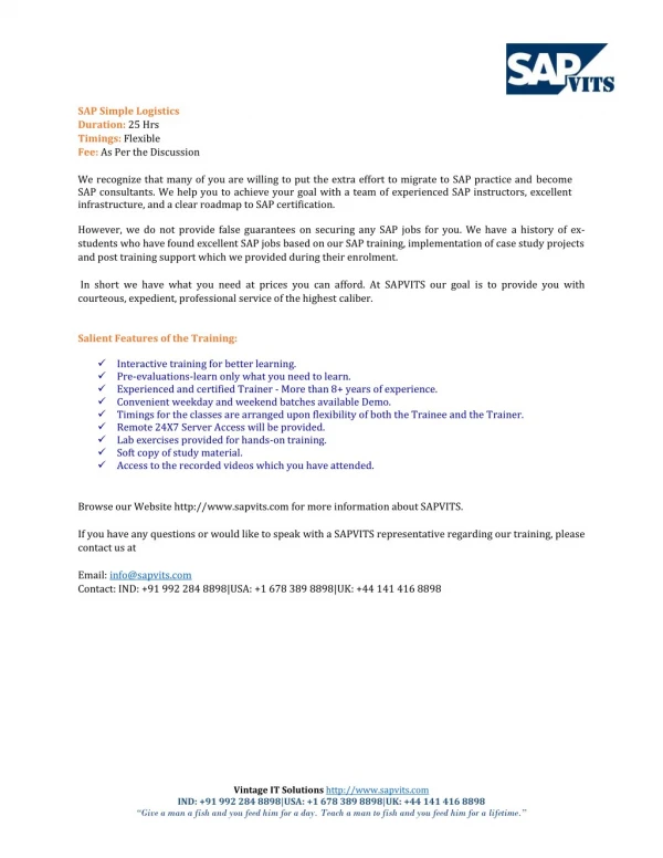 sap simple logistics duration 25 hrs timings