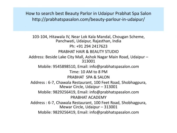 How to search best Beauty Parlor in Udaipur Prabhat Spa Salon
