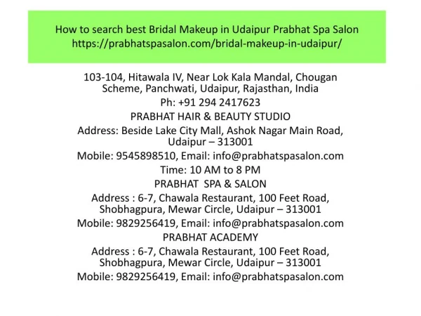 How to search best Bridal Makeup in Udaipur Prabhat Spa Salon