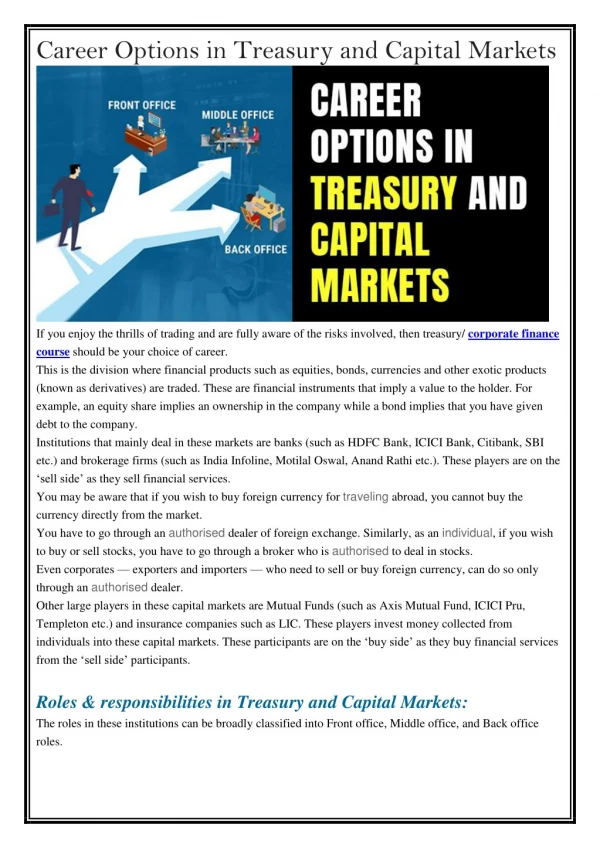 Career Options in Treasury and Capital Markets