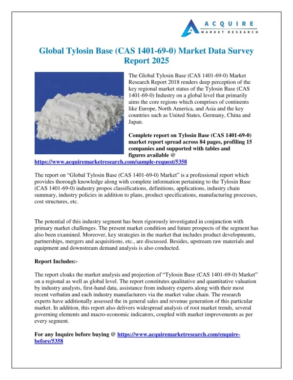 Tylosin Base (CAS 1401-69-0) Market 2018-2025 - Technology, Type and Application Analysis Acquire Market Research