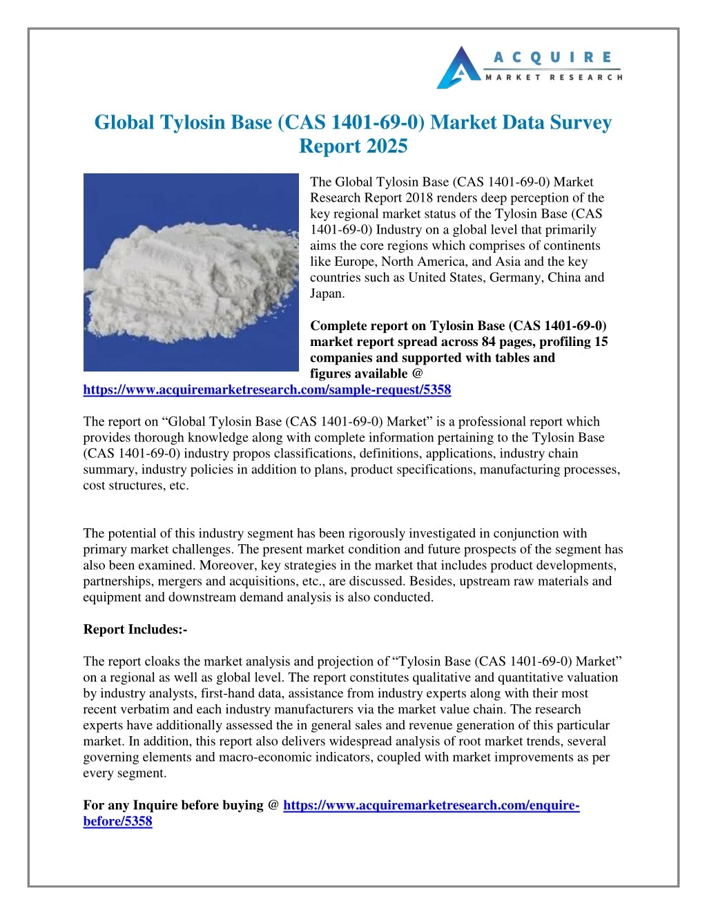 global tylosin base cas 1401 69 0 market data
