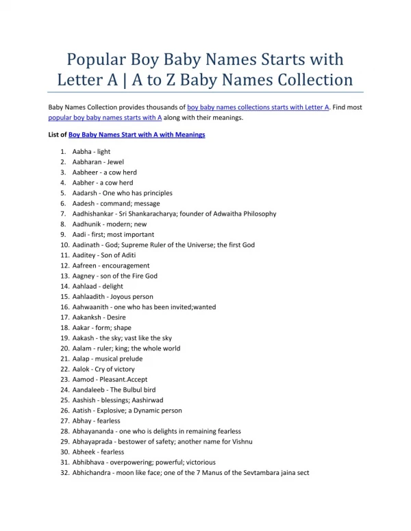 Most Popular Boy Baby Names Starts with Alphabet A with Meanings