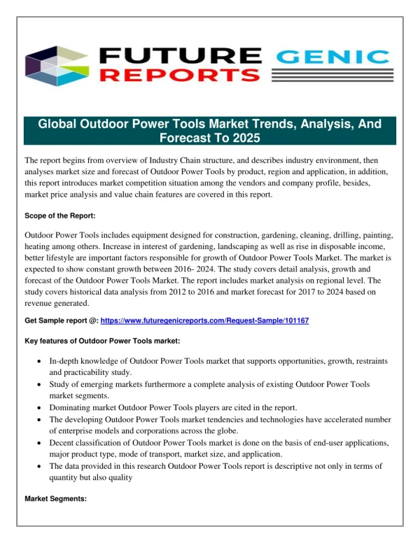 Global Outdoor Power Tools Market: Increasing Strategic Alliances among Players to Lead to Market Consolidation