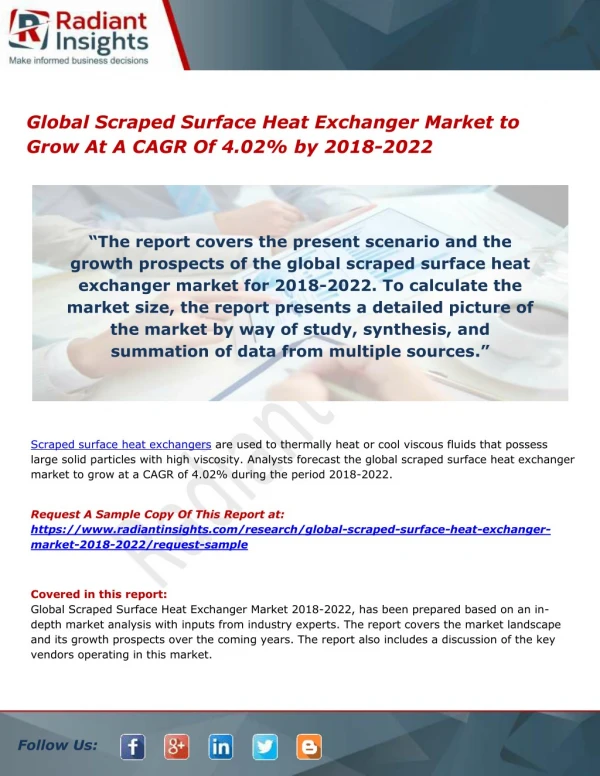 Global Scraped Surface Heat Exchanger Market to Grow At A CAGR Of 4.02% by 2018-2022