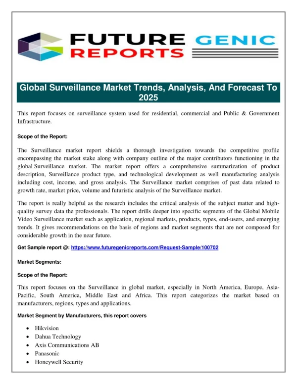 Global Surveillance Market 2018 Company Profiles, Development Status, Type and Application and Competition Analysis by 2