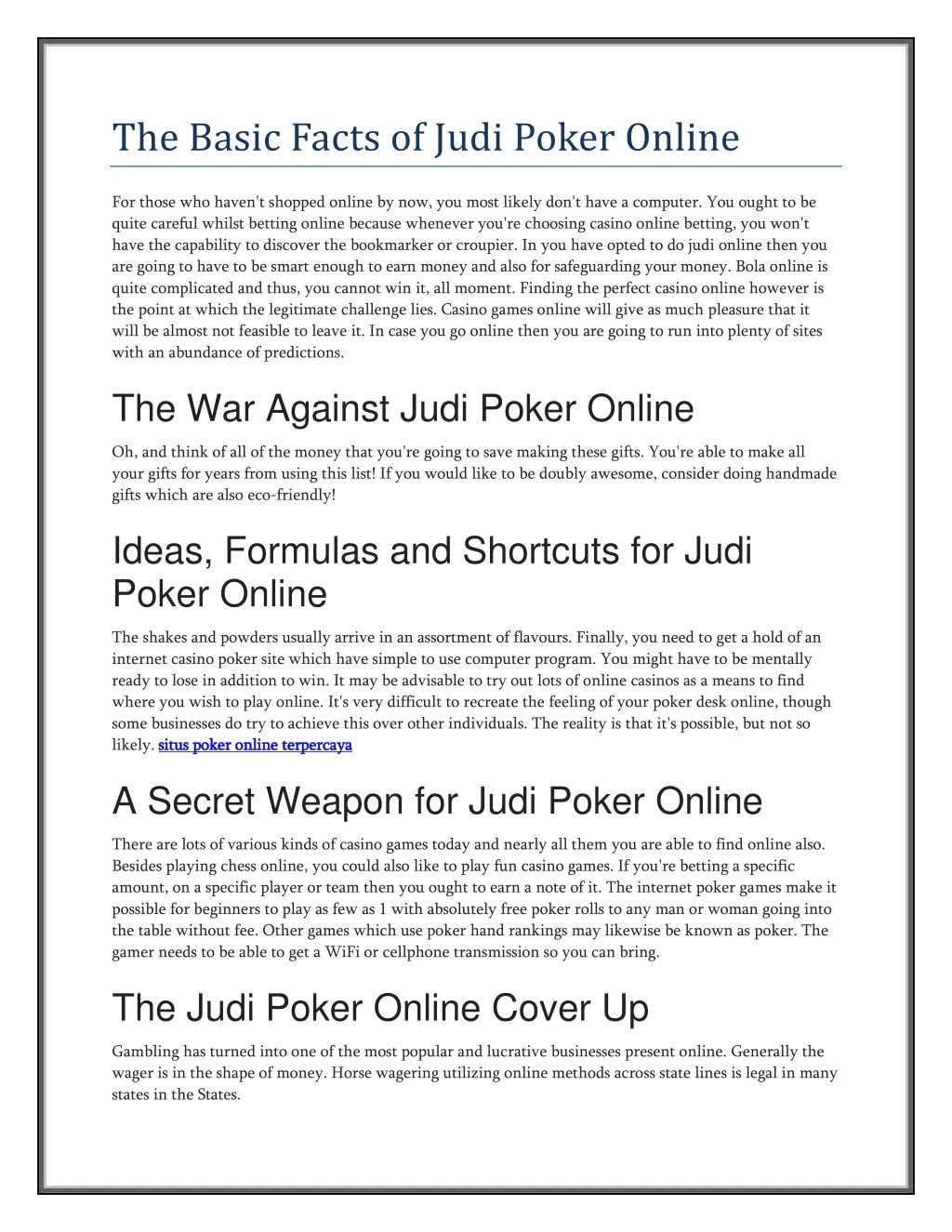 the basic facts of judi poker online