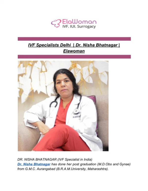 IVF Specialists Delhi | Dr. Nisha Bhatnagar | Elawoman