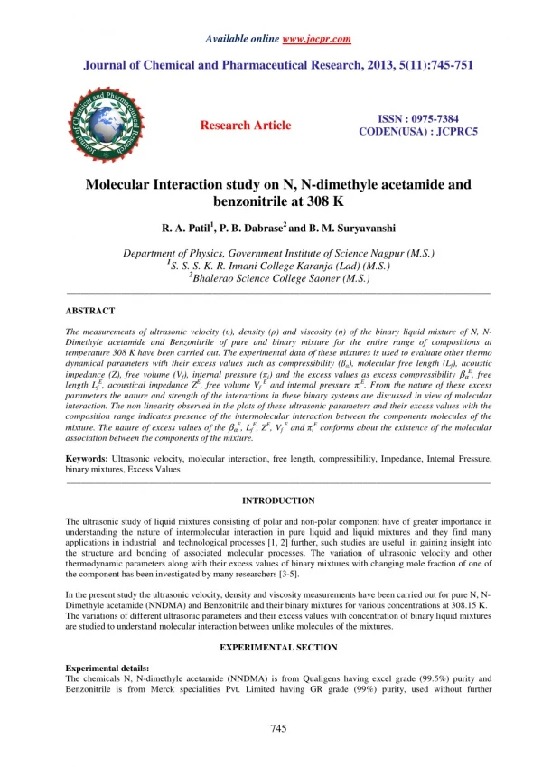 Molecular Interaction study on N, N-dimethyle acetamide and benzonitrile at 308 K