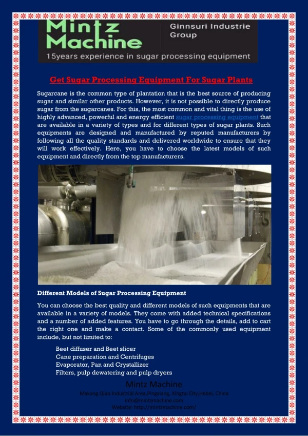 Get Sugar Processing Equipment For Sugar Plants