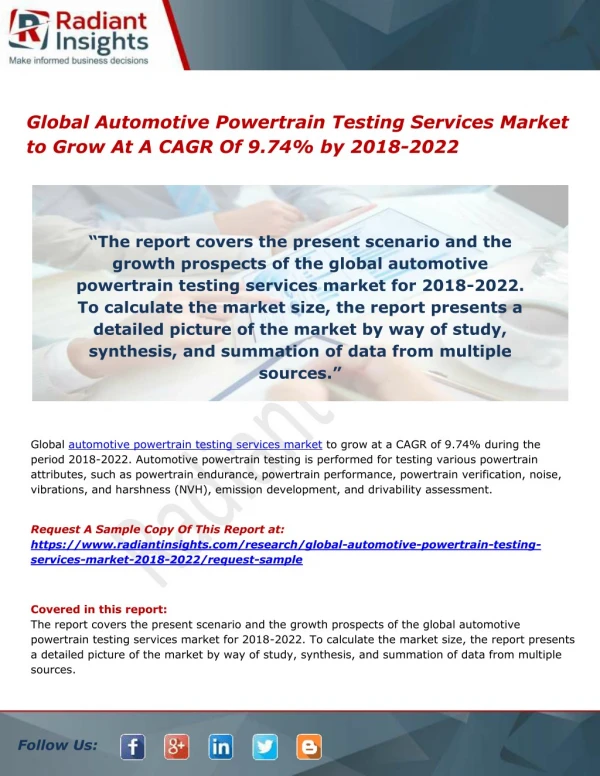 Global Automotive Powertrain Testing Services Market to Grow At A CAGR Of 9.74% by 2018-2022