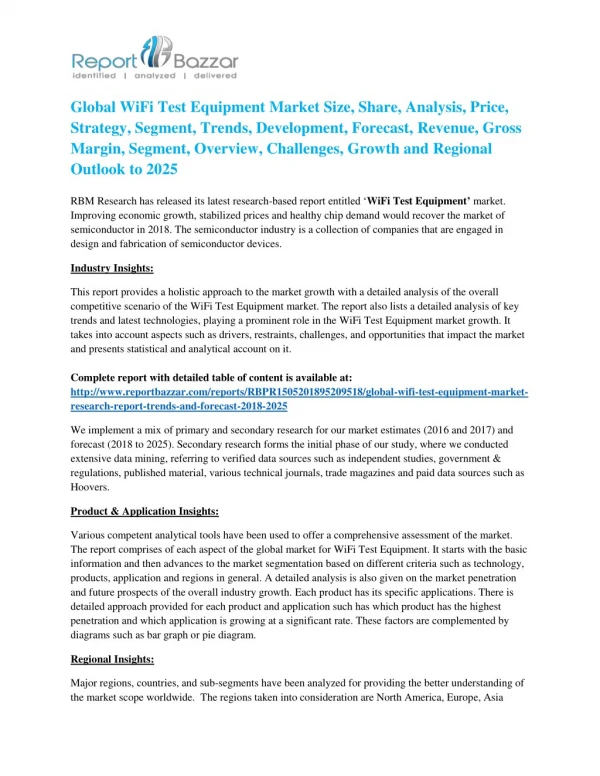 WiFi Test Equipment Market | 2018 Global Top Industry Players Analysis and Forecast to 2025