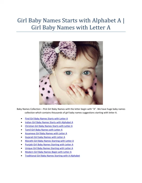 Girl Baby Names Starts with Alphabet A | Girl Baby Names with Letter A