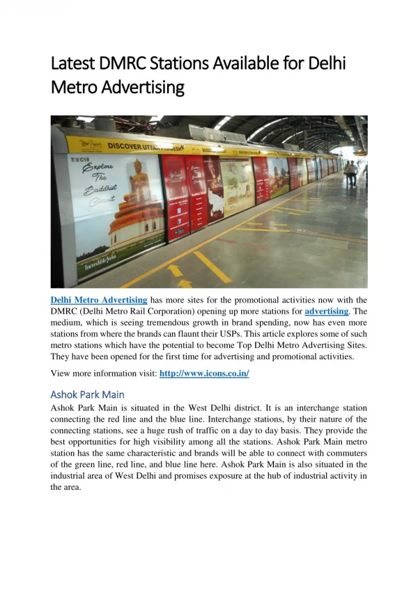 Latest DMRC Stations Available for Delhi Metro Advertising